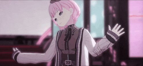 a pink haired anime girl is waving her hands in front of a window .