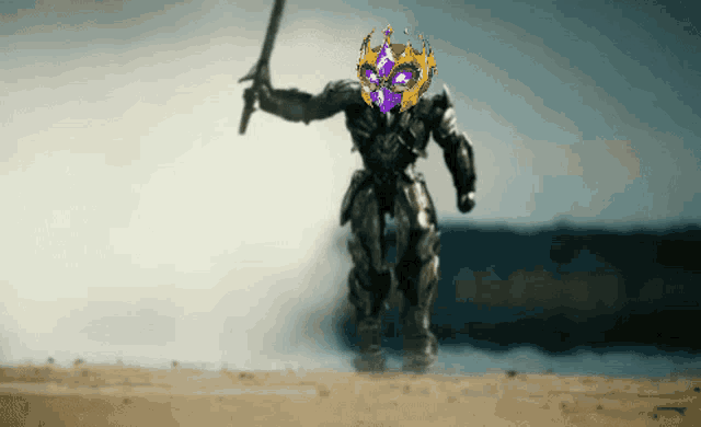 a robot holding a sword and a purple mask on its head