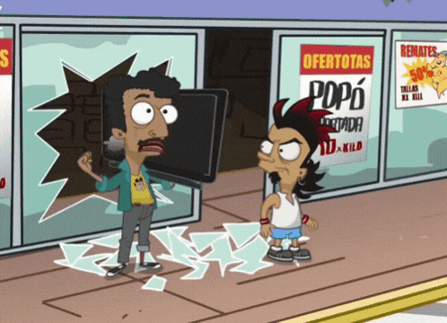 a cartoon of two people standing in front of a store that says ofertas
