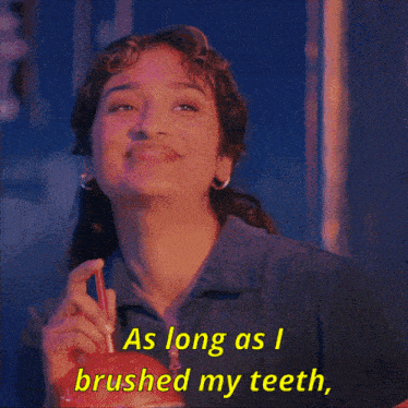 a woman drinking from an apple with the words " as long as i brushed my teeth "
