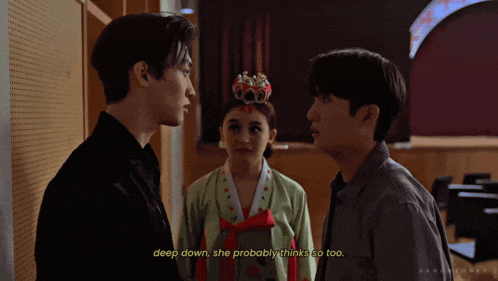 a man talking to another man with the words deep down she probably thinks so too