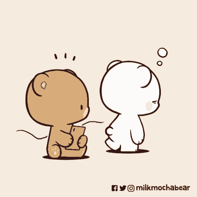a cartoon of a teddy bear holding a cell phone next to another teddy bear laying down