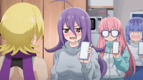 a woman with purple hair is holding a cell phone