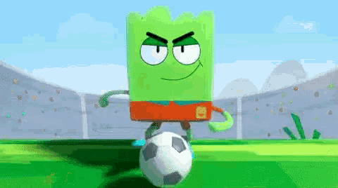 a cartoon character is kicking a soccer ball