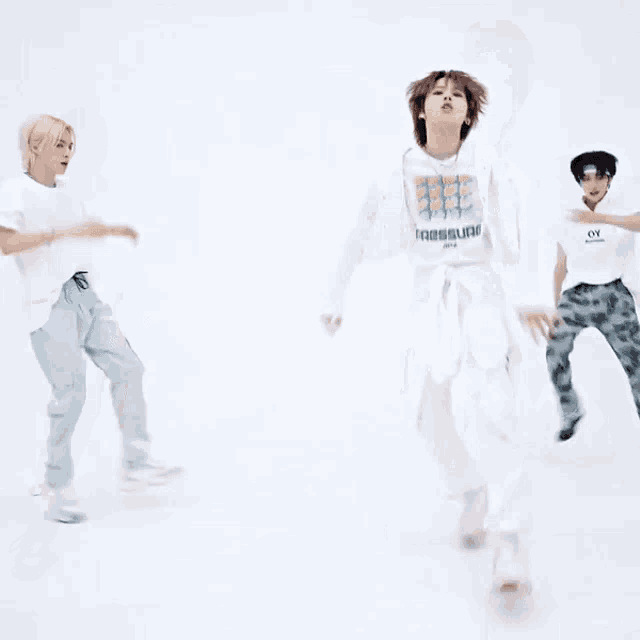 a group of people are dancing on a white background .
