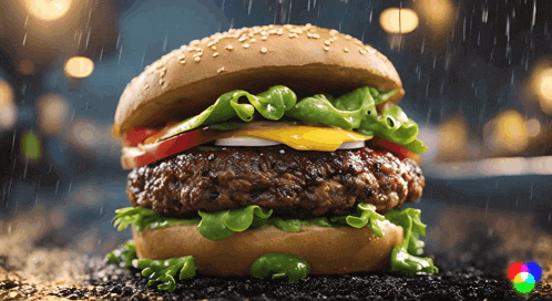 a hamburger with lettuce tomato cheese and onions on a sesame seed bun