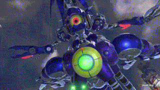 a video game screen shows a purple robot with a green eye and a yellow center