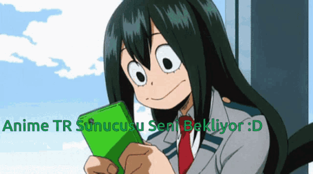 a girl with long green hair is looking at a green cell phone with the words anime tr sunucusu seni bekliyor : d below her