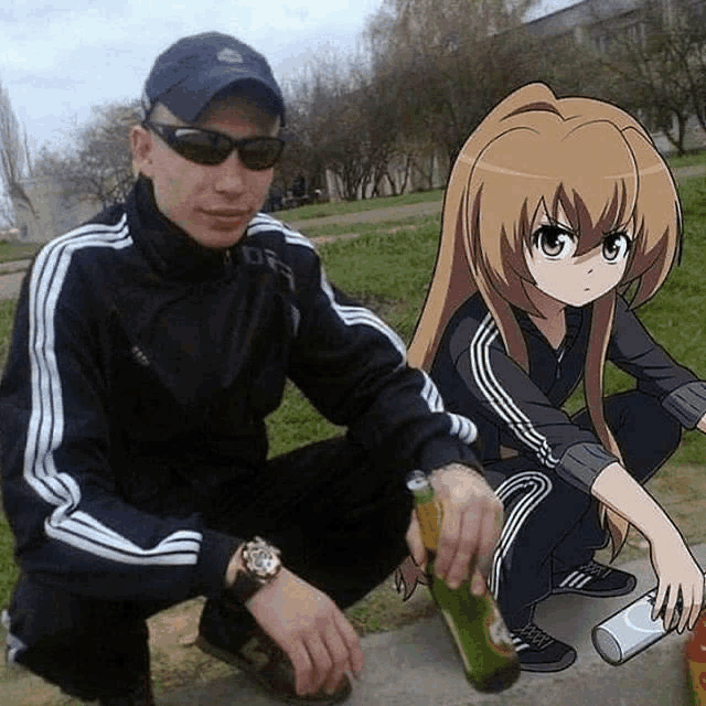 a man squatting next to a girl with a bottle in her hand