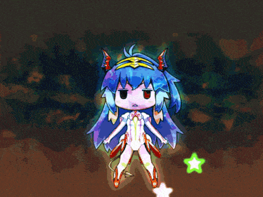 a cartoon of a girl with blue hair and red eyes