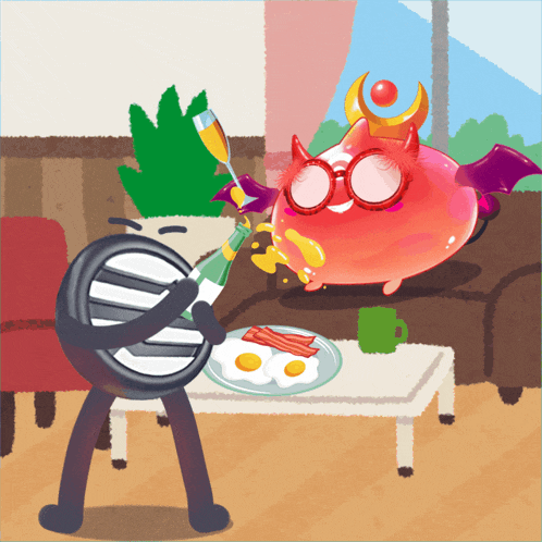 a cartoon drawing of a wheel holding a bottle of champagne and a plate of food