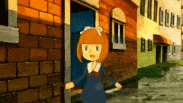 a cartoon girl is standing in front of a building