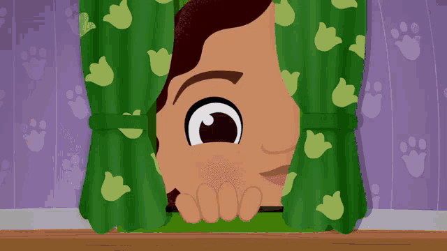 a cartoon drawing of a person peeking out from behind a green curtain
