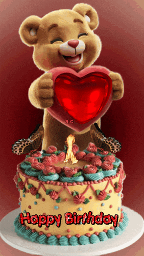 a teddy bear holding a heart on top of a birthday cake that says happy birthday