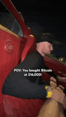a man and woman in a car with the words " you bought bitcoin at $ 16,000 " below them