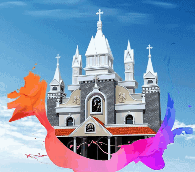 a church with a red roof and a white cross on top