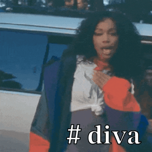 a woman is standing in front of a car and the word diva is on the bottom