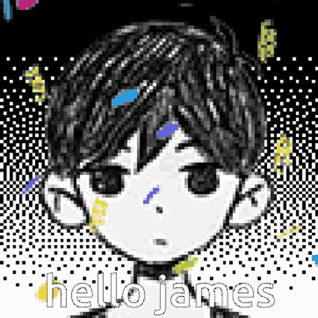 a pixel art drawing of a boy 's face with the words `` hello james '' written below it .