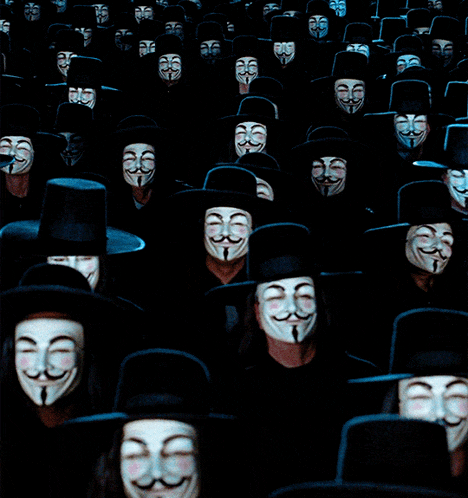 a large group of people wearing masks and top hats