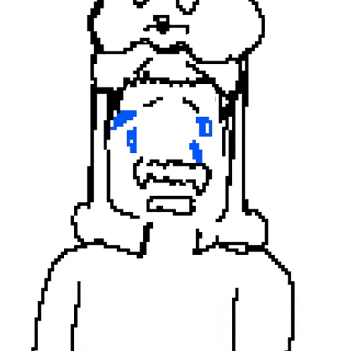 a pixel art drawing of a person with a dog on their head crying