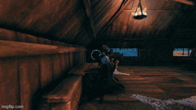 a screenshot of a video game shows a dock with a thatched roof overlooking the ocean