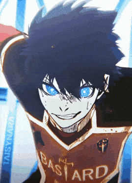 a boy with blue eyes is wearing a bastard shirt