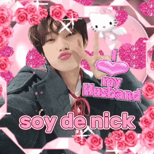a picture of a man with a hello kitty and the words " my husband soy de nick " on it