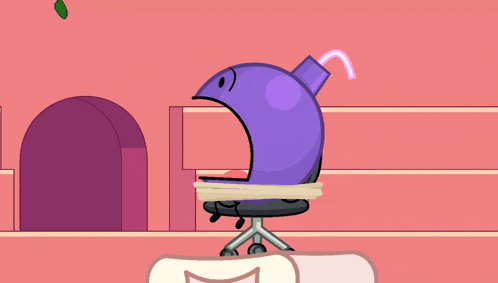 a cartoon of a purple object with a green eye sitting on a chair