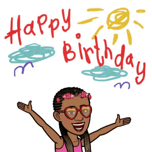 a girl wearing sunglasses and a flower crown is standing in front of a birthday cake with candles .