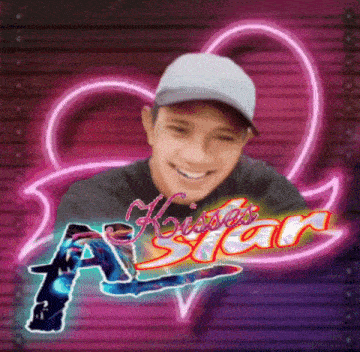 a man wearing a baseball cap is smiling in front of a neon sign that says kisses star