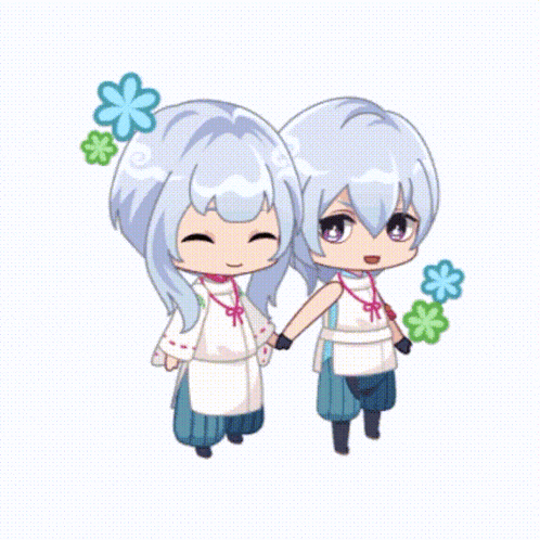 a couple of anime characters holding hands with flowers on their head