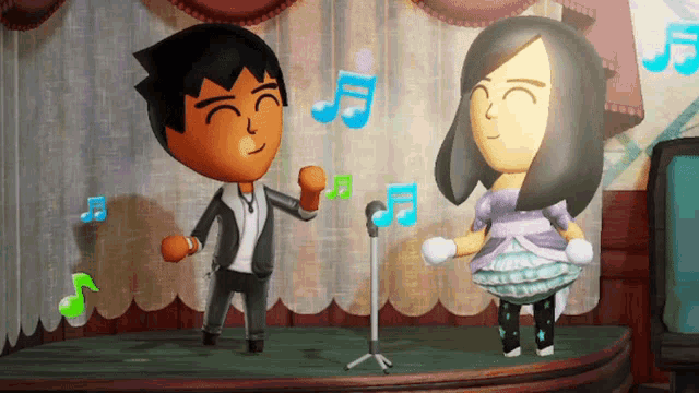 a man and a woman are dancing in front of a microphone with music notes floating around them