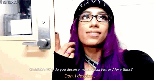 a woman with purple hair wearing glasses and a black hat