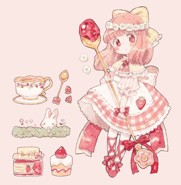 a drawing of a girl with strawberries on her dress and a jar of strawberry jam