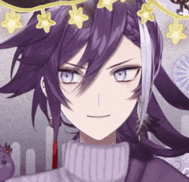 a close up of a purple haired anime character