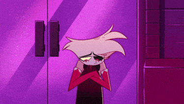 a cartoon character is standing in front of a purple door with his arms crossed