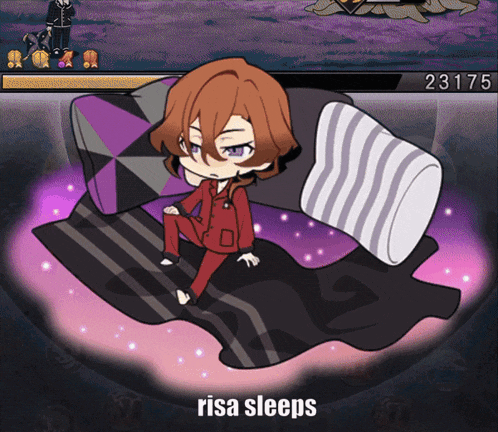 a cartoon of a person laying on a bed with the words risa sleeps below him