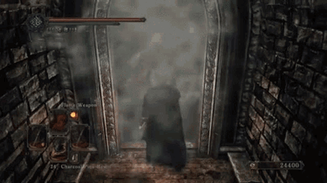 a person is playing a video game with a crown on their head and a sword in their hand .