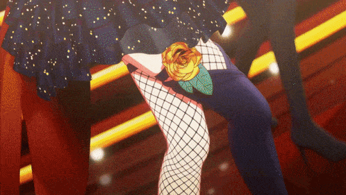a woman wearing fishnet stockings with a rose on her leg