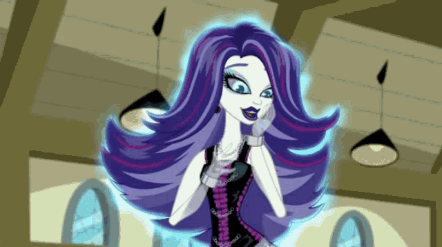 a monster high character with purple hair and a black top