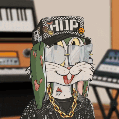 a cartoon rabbit wearing a hat that says hip