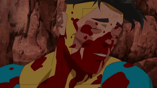 a cartoon of a superhero fighting another superhero with blood coming out of his head