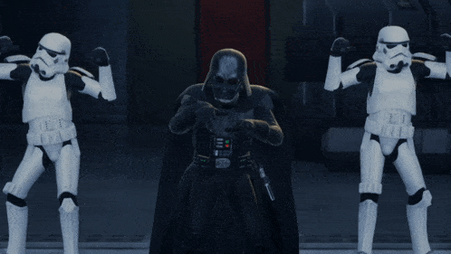 darth vader is surrounded by stormtroopers in a star wars scene