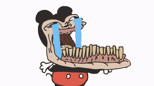 a cartoon of mickey mouse with tears coming out of his mouth