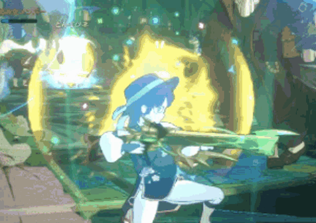 a girl in a blue hat is holding a green axe