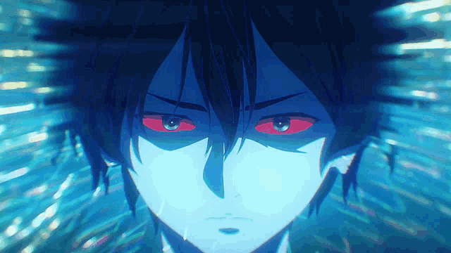 a close up of a anime character with red eyes