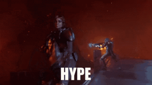 a video game character is holding a gun and the word hype is on the screen .