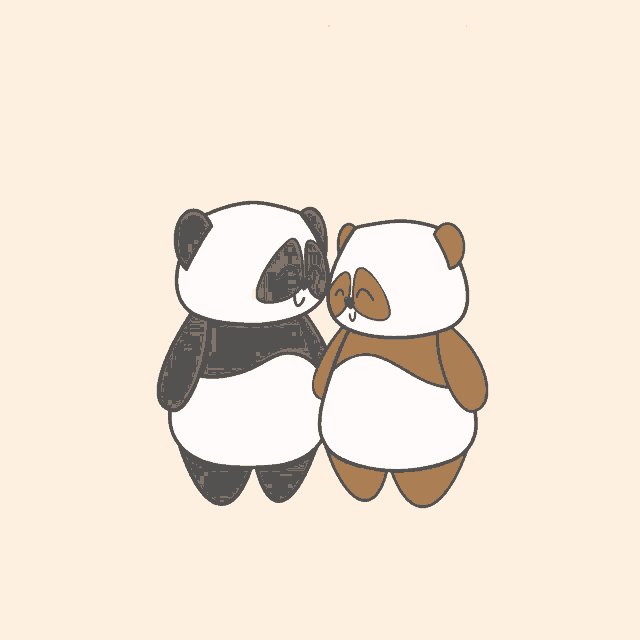 two panda bears are standing next to each other and hugging