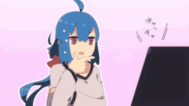 a cartoon girl with blue hair is looking at a laptop screen
