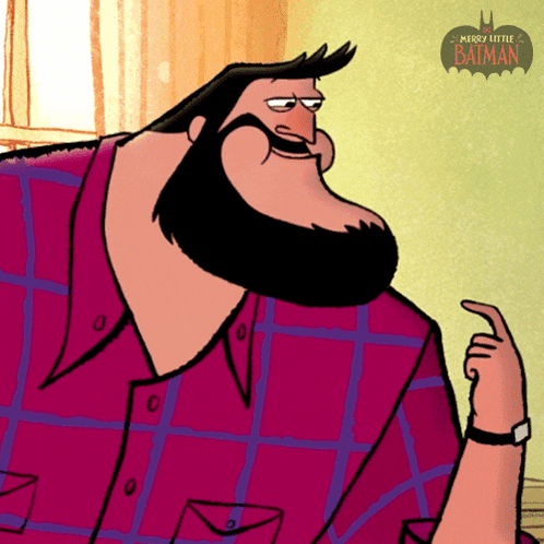 a cartoon of a man with a beard and a merry little batman logo behind him